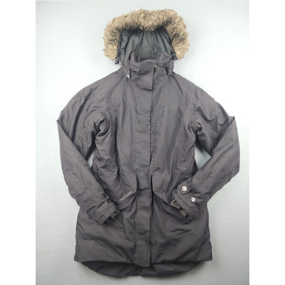 Helly Hansen Parka Coat Womens Medium Gray Faux Fur Hooded Insulated Zip Warm